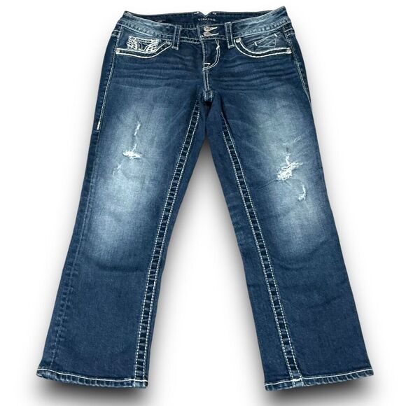 Vigoss Distressed Dark Wash The Chelsea Capri Blue Jeans - Picture 2 of 14